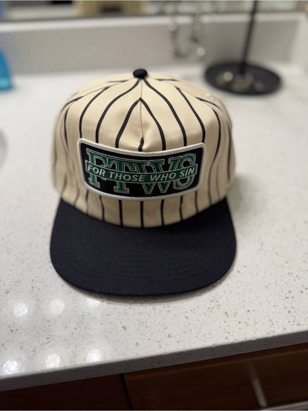 For Those Who Sin Pinstripe Patch Baseball Cap in Cream & Black
